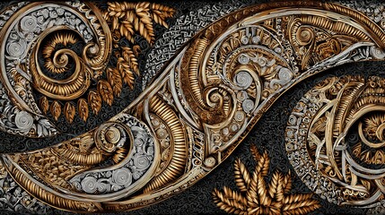 Fototapeta premium Ornate, gold and silver swirling design on dark background. Intricate, textured patterns of spirals, leaves, and abstract forms
