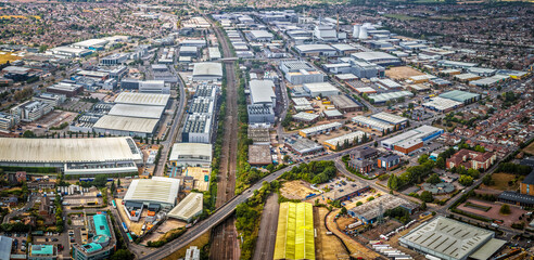 Aerial view of Slough Trading Estate with industrial buildings and surrounding housing