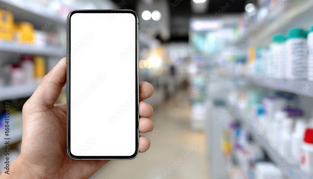 Poster customer holding a mobile phone with a blank white screen while browsing through a pharmacy, creatin