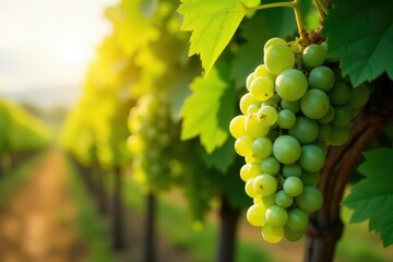 Sun-drenched green grapes hanging heavy on vine in vineyard , green grapes, winemaking