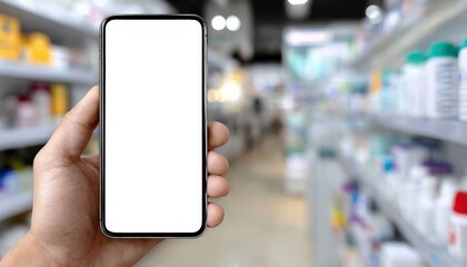 Customer holding a mobile phone with a blank white screen while browsing through a pharmacy, creating a mockup image for digital use