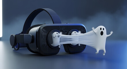 Cute cartoon ghost character emerging from a virtual reality headset on a dark background with dramatic lighting