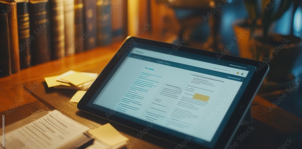 Poster analyze data on tablet with books and notes for study focus concept