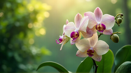 Naklejka premium pink orchid on green background