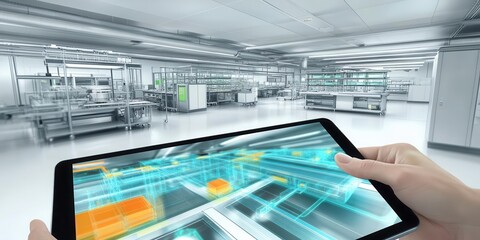 Analyzing Production facility blueprint on Tablet Device, Design and Planning