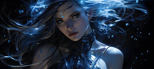 The black background contrasts sharply with the bright blue silver light emitted by humming , generative AI