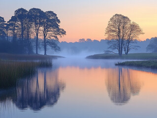Pastel Sunrise over Calm River with Mist-Shrouded Trees