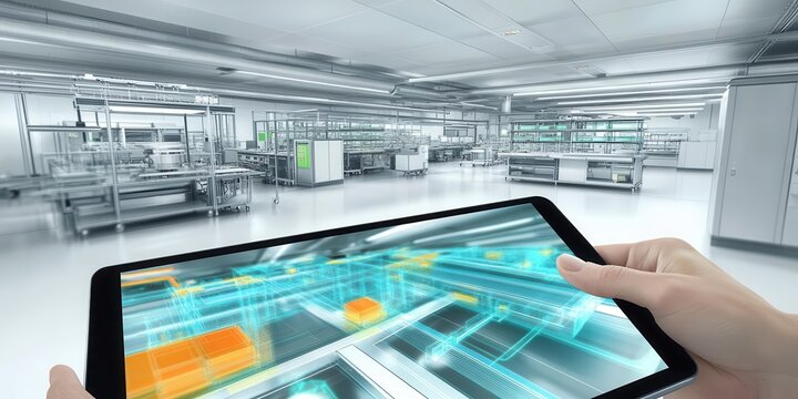 Analyzing Production facility blueprint on Tablet Device, Design and Planning