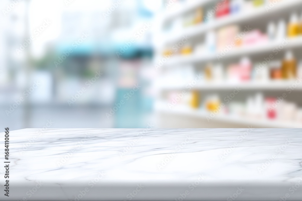 Aufkleber empty marble surface set against a blurred pharmacy background, creating an ideal setting for produc