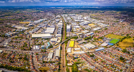 Aerial view of Slough Trading Estate with industrial buildings and surrounding housing