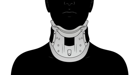 Person with neck brace. Medical neck brace illustration on silhouette background  