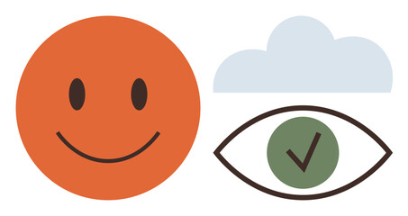 Smiling orange face, eye with green check, and blue cloud convey positivity, agreement, and transparency. Ideal for positivity, mental health, clarity, achievement validation trust simple flat