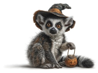 A cute baby lemur sits wea a Halloween witch hat and carrying a pumpkin candy bucket on white background.