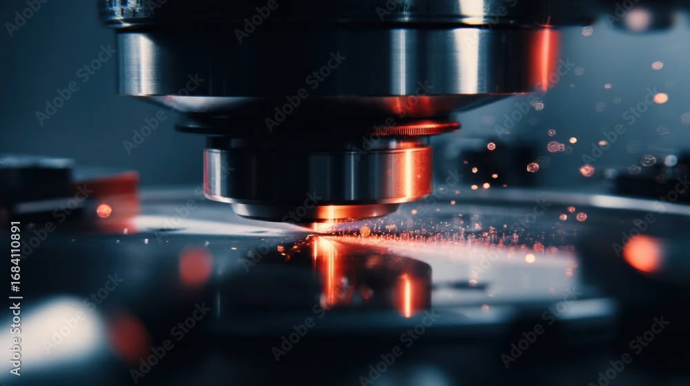 Poster a closeup of the inspection stage where a specialized optical microscope examines the integrity of q