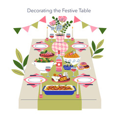 Festive Table Decoration with Food and Drinks