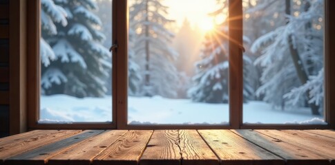 Empty wooden table against winter window scene , house, white