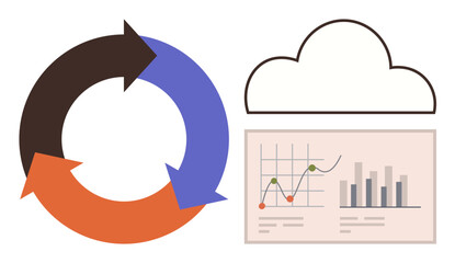 Circular process arrows, a cloud icon, and analytics dashboard with charts and graphs. Ideal for data flow, process optimization, cloud storage, productivity, collaboration, technology simple flat