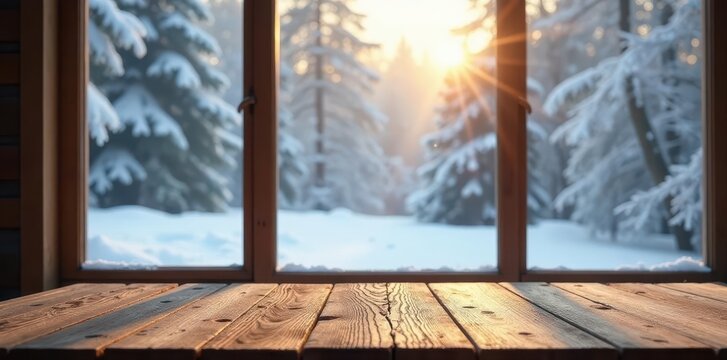 Empty wooden table against winter window scene , house, white