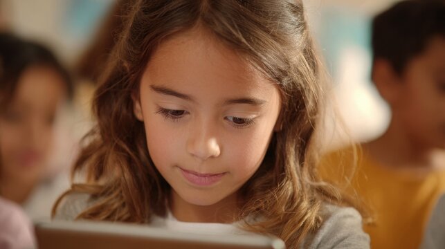 Medium shot highlighting a bilingual student reading from a tablet using AI translation teacher and fellow students blending gently into the blurred background.