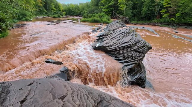 High muddy flows at Bonanza Falls in Ontonagon County Michigan