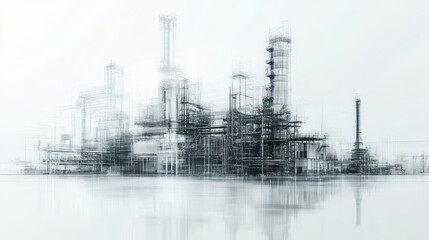 Obraz premium Abstract view of an industrial complex with towers, pipes, and structures, rendered in a muted, monochromatic style.