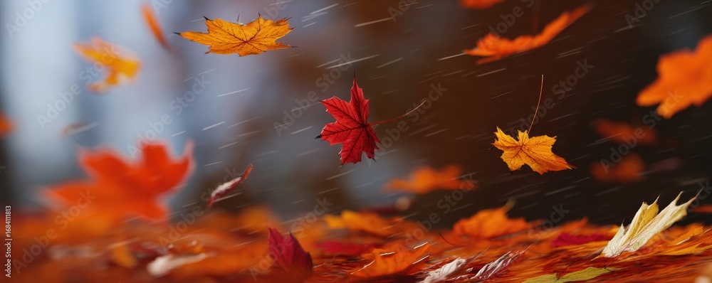 Poster Rain gently falling on vibrant maple leaves, creating a stunning display of color during a tranquil autumn day in nature