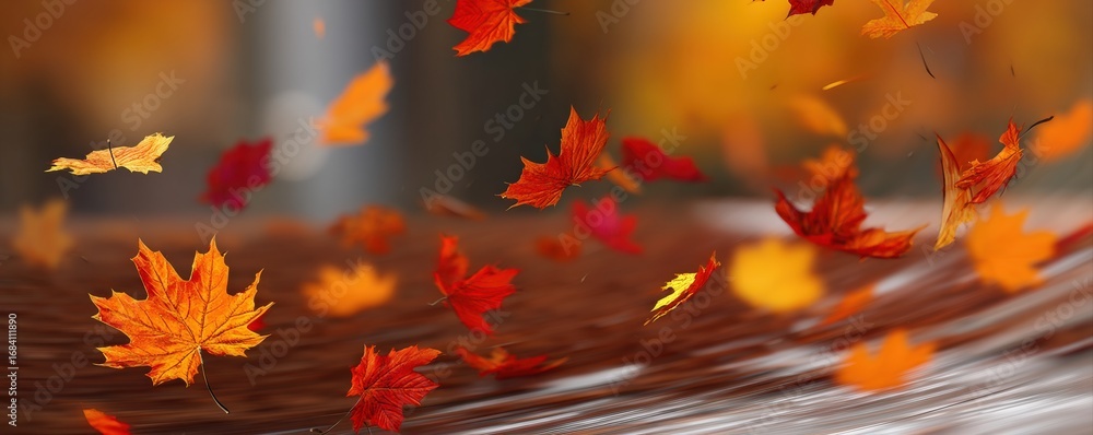 Poster autumn maple leaves gently falling on a blurred background creating a serene and evocative atmospher
