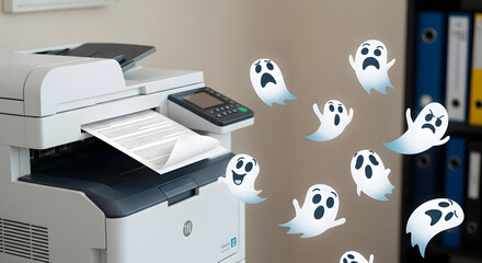 Funny halloween office prank with spooky ghosts emerging from a copier machine in a modern workspace