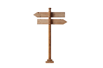 Wooden directional signpost. Two weathered, light brown wooden signs with arrow pointers on a single, vertical post