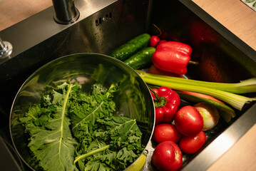 Fresh vegetables cleaned and arranged in kitchen sink: kale, tomatoes, cucumbers, celery, peppers,...