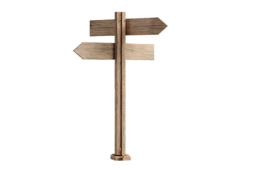 Wooden directional signpost.  Two weathered wooden signs with arrows, affixed to a tall, vertical wooden post.  Simple, graphic design
