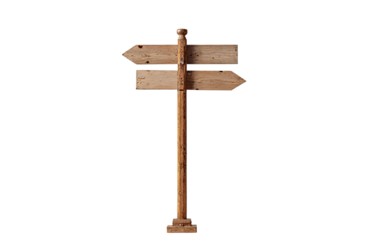 Wooden directional signpost. Two weathered, light brown wooden signs with arrow pointers on a single, vertical post