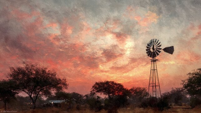 Rural landscape sunset windpump