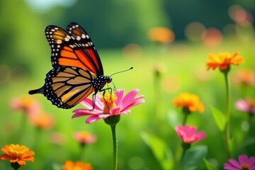 Obraz premium A monarch butterfly sips nectar from a colorful wildflower amidst a lush meadow, insect, monarch butterfly, grassland