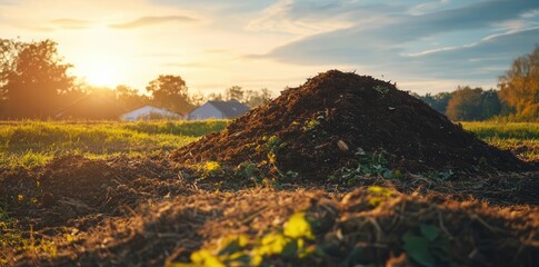 Obraz premium Discover Soil Pile on a Field at Sunset and Farmland Scenery at Golden Hour