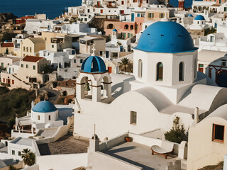 Fototapeta premium Scenic view of traditional whitewashed buildings with iconic blue domes in Santorini, Greece. The architecture and vibrant colors capture the charm of the Mediterranean island, overlooking the Aegean 