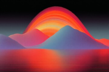Minimalist psychedelic sunset behind mountains with water reflection, retro poster style with grainy glitch effect