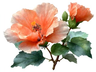 Delicate peach hibiscus blossom with green leaves and buds creates a beautiful watercolor botanical art image.