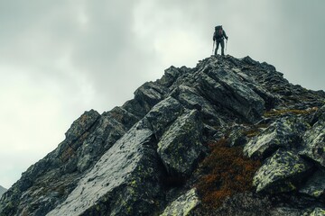 Fototapeta premium Achieve Peak, Hiker on Mountain Peak, Journey to the Summit, Overcome Challenges