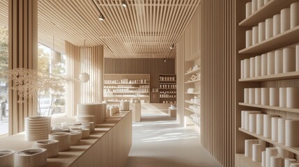 Minimalist light wood interior design of a store.
