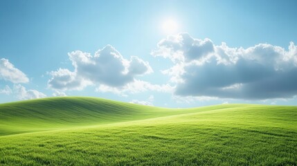 Obraz premium Green Field Rolls Under a Sunny Sky and White Clouds, Serene Landscape