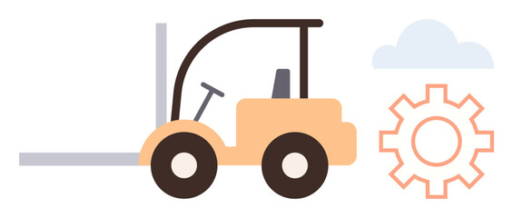 Forklift vehicle with large gear and cloud elements emphasizing industrial efficiency, logistics processes, and machinery maintenance. Ideal for manufacturing, supply chain, warehouse, technology