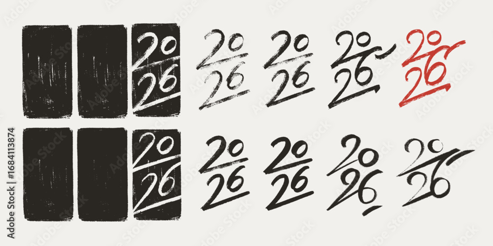 Poster 2026 vector hand-drawn numbers vertical compositions with stamp-like backgrounds. 2026 number design