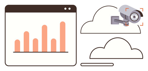 Bar chart in browser window, surveillance camera within cloud graphics. Ideal for security, monitoring, data analysis, privacy, technology, cloud computing cybersecurity themes. Simple flat metaphor
