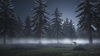 A Serene Moonlit Forest Scene with Tall Pine Trees and Misty Ground, Featuring a Lone Animal Silhouette Under a Bright Full Moon in the Night Sky - Powered by Adobe