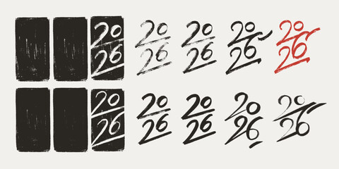2026 vector hand-drawn numbers vertical compositions with stamp-like backgrounds. 2026 number design templates. Happy new year oriental style minimalistic concept for greeting materials.