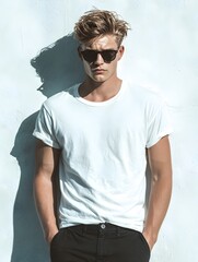 A handsome young man with stylish hair stands confidently wea sunglasses and a casual white t shirt outdoors.