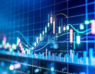 Stock market chart with upward trending candlesticks and lines on a blue digital screen.