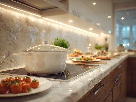A white ceramic pot sits on a sleek induction cooktop in a modern kitchen with marble countertops and warm lighting.