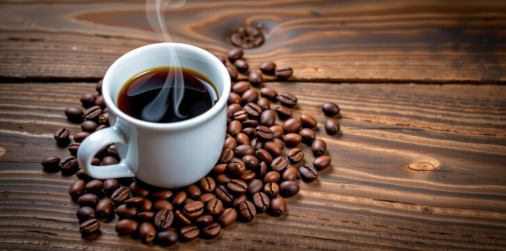 Steaming cup of dark coffee alongside scattered coffee beans on rustic wood, rustic, coffee shop